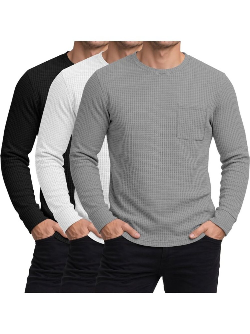 Men's 3-Pack Long Sleeve Waffle Crew Neck Shirts - Soft, Comfortable & Versatile